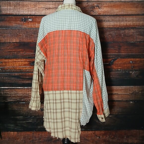 Easel Top S Patchwork Distressed Button Front Asymmetrical Fringe Plaid Shirt - Picture 5 of 9